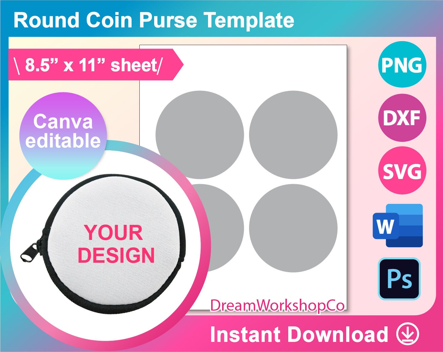Round Coin Purse Template, Sublimation Template, Bifold Wallet Sublimation,  Canva, SVG, DXF, Ms Word Docx, Png, Psd, 8.5x11 Sheet - Etsy