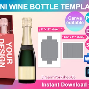 Mini Wine bottle  Box Template . Mini Champagne bottle Box Template, SVG, DXF, Ms Word Docx, Png, PSD, 8.5&quot;x11&quot; sheet, Printable