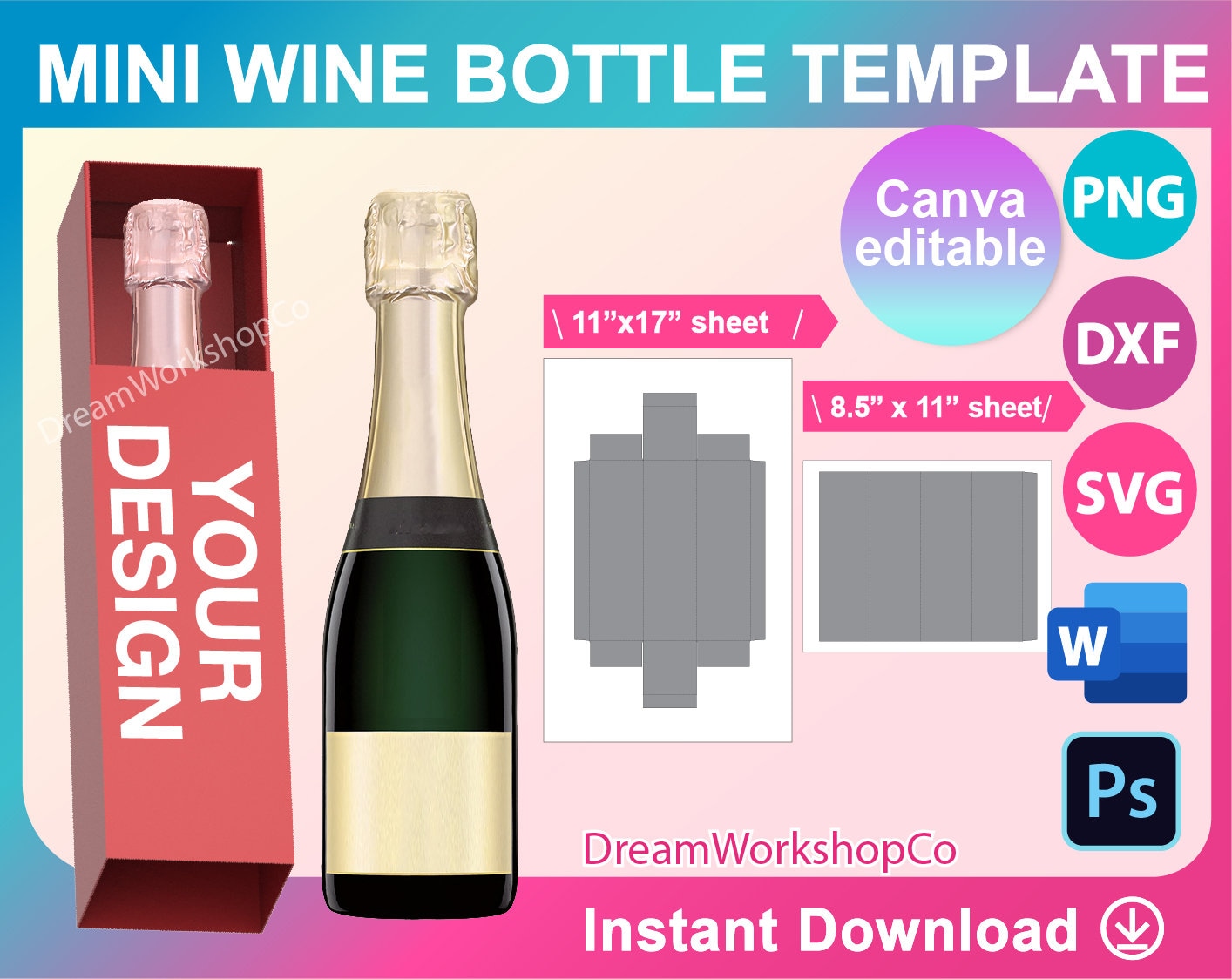 Minimalist Mini Champagne Bottle Template, Editable Wedding Wine