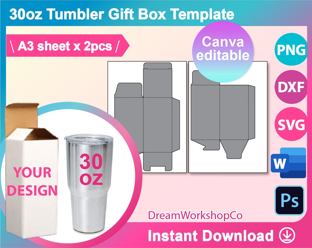 30oz Tumbler Box Template, Gift Box Template, Canva, SVG, DXF, Ms Word Docx, Png, Psd, A3 Size