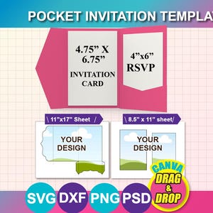 以下が含まれることがあります： 「POCKET INVITATION TEMPLATE」の文字が入ったピンク色のポケット招待状テンプレート。招待状カードは12.07cm x 17.15cm、RSVPカードは10.16cm x 15.24cmです。27.94cm x 43.18cmと21.59cm x 27.94cmのシート用テンプレートが含まれています。「CANVA DRAG & DROP」の文字入り。