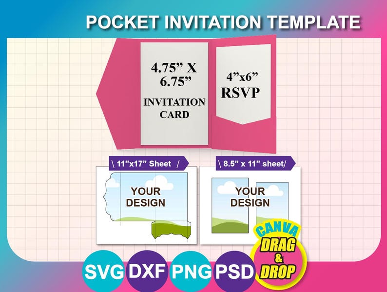 以下が含まれることがあります： 「POCKET INVITATION TEMPLATE」の文字が入ったピンク色のポケット招待状テンプレート。招待状カードは12.07cm x 17.15cm、RSVPカードは10.16cm x 15.24cmです。27.94cm x 43.18cmと21.59cm x 27.94cmのシート用テンプレートが含まれています。「CANVA DRAG & DROP」の文字入り。