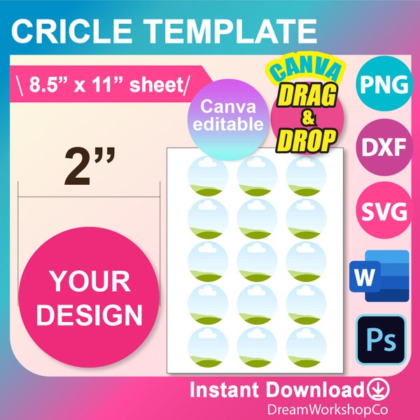 2" Circle Template, 2 inch Circle template, Circle Collage Sheet, Circle label template, Canva, SVG, DXF, Ms Word docx, Png, Psd, 8.5"x11"