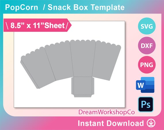 Pop Corn Box Template Snack Box Template Svg Dxf Ms Word Etsy