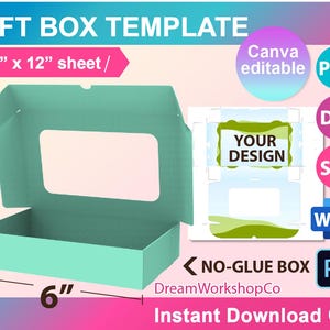 Rectangle Box No-Glue Window Box Template, Cake Box, Bow Box Template, Cookie Box SVG, Chocolate box, Canva, DXF, Ms Word Docx, Png, Psd