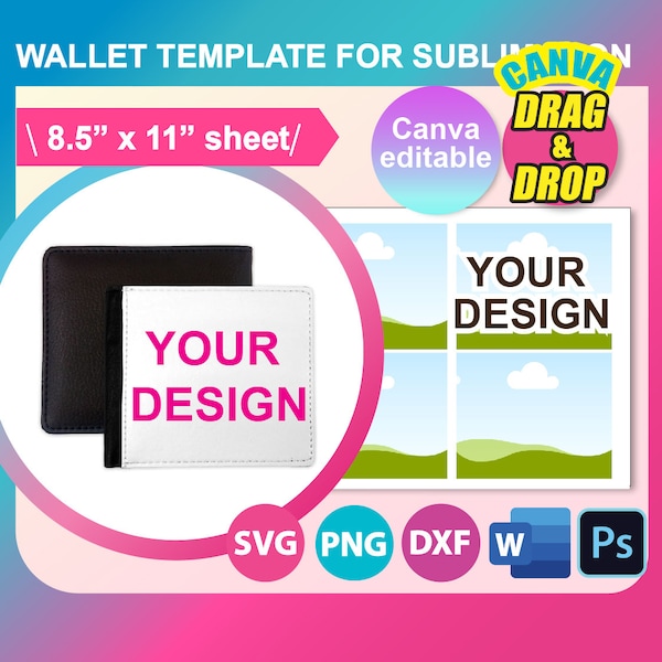 Bifold Wallet Template, Sublimation Template,  Bifold wallet Sublimation, SVG, Canva, DXF, Ms Word Docx, Png, Psd, 8.5"x11" sheet, Printable