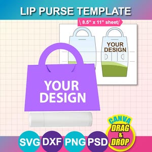 Pode incluir: Um modelo de bolsa de lábios roxa com o texto "YOUR DESIGN" e um tubo de protetor labial branco. A imagem inclui um modelo de design e o texto "8,5" x 11" folha/". A imagem também inclui o texto "CANVA DRAG & DROP" e ícones de tipo de arquivo.