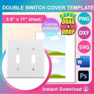 Puede incluir: Una plantilla imprimible para una cubierta de interruptor de luz doble. La plantilla presenta una cubierta de interruptor de luz blanca con dos interruptores de palanca y una ilustración de dibujos animados de un cielo azul con nubes y colinas verdes. La plantilla está disponible en varios formatos de archivo, incluidos PNG, DXF, SVG y PSD. El texto "CANVA DRAG & DROP" es visible en la imagen.