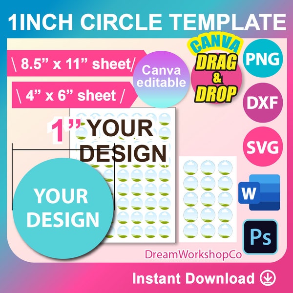 1-Zoll-Kreisvorlage, Mehrzwecketiketten, Flaschenverschluss-Etikett, SVG, DXF, Canva, Ms Word, Psd, 8,5 "x 11", 6 "x 4" -Blatt."