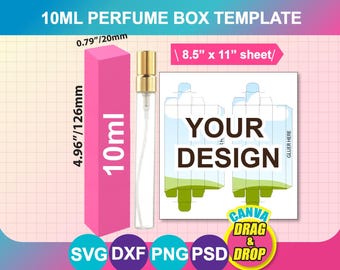 Modello per scatola di profumo da 10 ml, modello per confezione regalo di profumo, SVG, DXF, Canva, PNG, PSD, foglio 8,5x11", stampabile