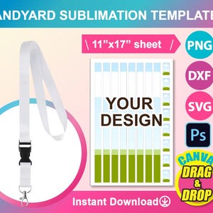 Puede incluir: Un cordón blanco con un clip negro y un anillo plateado. El cordón está sobre un fondo blanco. La imagen también incluye una plantilla para la impresión por sublimación con el texto "YOUR DESIGN" y las palabras "Descarga instantánea".