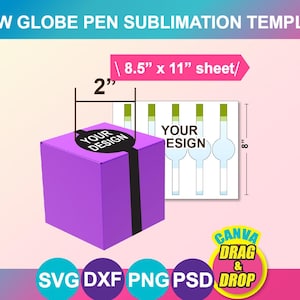 Puede incluir: Una caja morada con una franja negra y una etiqueta circular que dice "YOUR DESIGN". La imagen incluye una plantilla para bolígrafos de globo de nieve, con dimensiones de 21,6 cm x 27,9 cm y una medida de 5 cm. El texto "SNOW GLOBE PEN SUBLIMATION TEMPLATE" está en la parte superior.