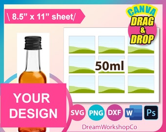 1.7oz, 50ml Mini Wine bottle Label Template, little liquor bottle Labels, SVG, Canva, DXF, Ms Word Docx, Png, PSD, 8.5"x11" sheet,
