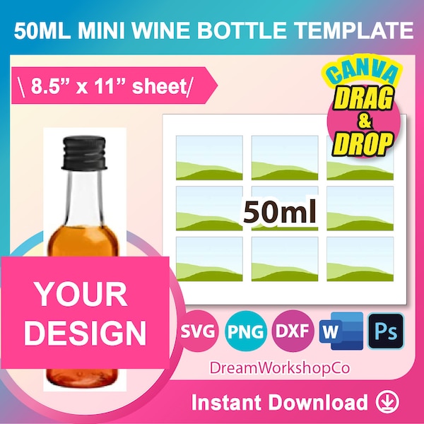 1.7oz, 50ml Mini Wine bottle Label Template, little liquor bottle Labels, SVG, Canva, DXF, Ms Word Docx, Png, PSD, 8.5"x11" sheet,