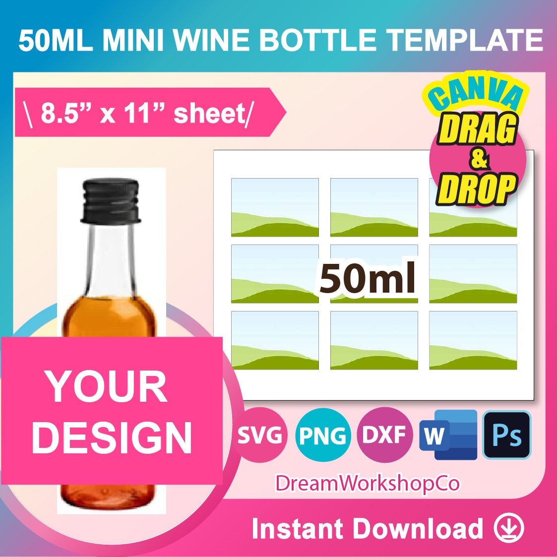 Modèle d'étiquette de mini bouteille de vin de 1,7 oz, 50 ml