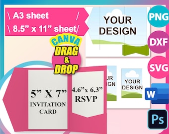 Pocketfold template, 5&quot;x 7&quot; Pocket Wedding Invitation Template, Wedding Invitation with Envelope Template, Canva, Ms word, PSD, SVG, DXF