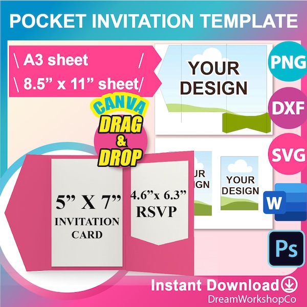 Modèle pochette, 5 x 7 po. modèle de faire-part de mariage de poche, faire-part de mariage avec modèle d'enveloppe, toile, Ms Word, PSD, SVG, DXF