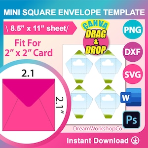 Modelo de envelope quadrado mini, Canva, Ms word, PSD, PNG, SVG, Dxf, folha 8,5x11", para impressão, download instantâneo