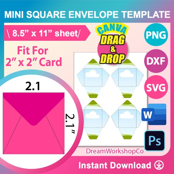 Mini Square Envelope Template, Canva, Ms word, PSD, PNG, SVG, Dxf, 8.5x11" sheet, Printable, Instant Download