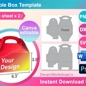 Gable Box Template, Box with Handle Template, Gift Box SVG, Canva, DXF, Ms Word Docx, Png, Psd, A3 sheet, Printable