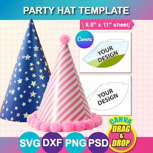 Op de afbeelding: Twee feesthoeden, één blauw met witte sterren en de andere roze en wit gestreept, met een roze pompon en rand. De afbeelding bevat sjablonen voor ontwerp, met de tekst "PARTY HAT TEMPLATE" en "8,5" x 11" sheet".