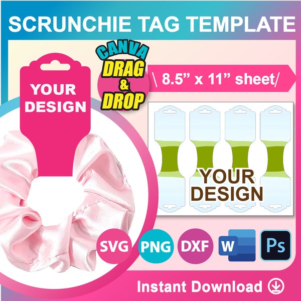 Scrunchie Tag Template Canva, SVG, DXF, Ms Word Docx, Png, Psd, Sublimation 8.5"x11" sheet