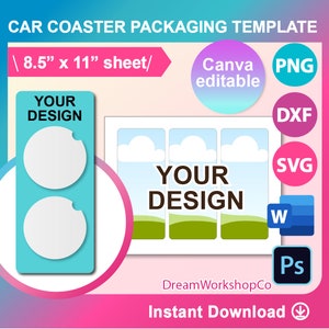 Modelo de pacote de porta-copos de carro, 2 peças, modelo de cartão de exibição de porta-copos de carro SVG, Canva, DXF, Ms Word Docx, Png, PSD, folha de 8,5 "x 11"