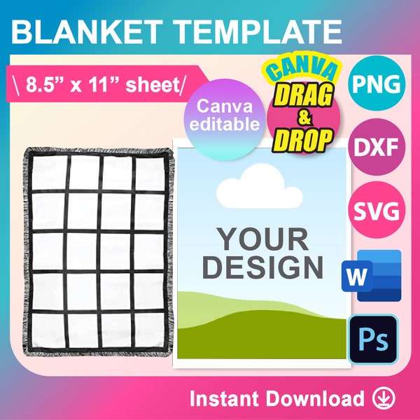 Blanket Sublimation Template, Blanket Template for sublimation, SVG, Canva, DXF, Ms Word Docx, Png, Psd, 8.5x11 sheet, Printable