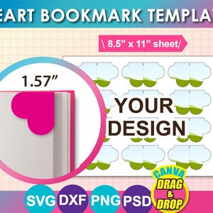 Heart Bookmark Template, Bookmark Template SVG, Canva, DXF, Ms Word Docx, Png, PSD, 8.5&quot;x11&quot; sheet, Printable