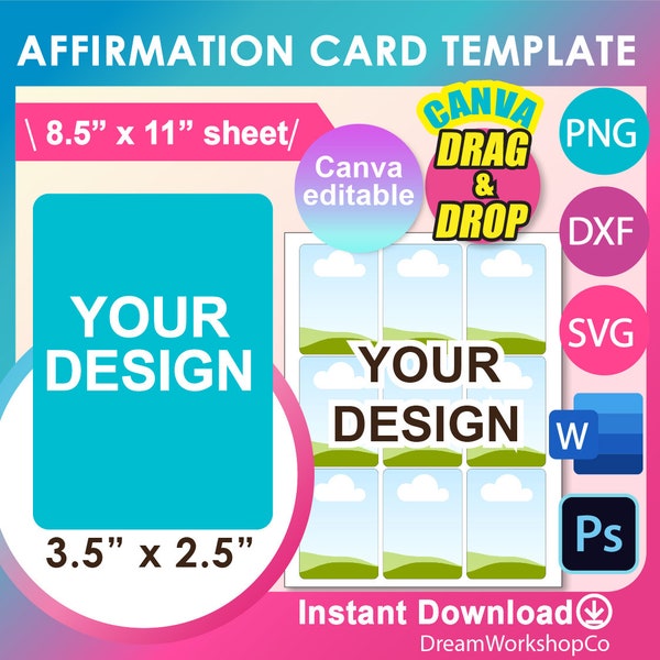 Affirmation Card Template, Affirmation card SVG, Canva, DXF, Ms Word docx, Png, Psd, 8.5"x11" sheet, Printable, Instant Download