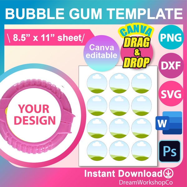 2oz Bubble Gum Tape Template, Bubble Gum Label Template, Canva, SVG, DXF, Ms Word Docx, Png, Psd, 8.5"x11" sheet, Printable