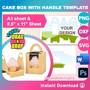 Box mit Griff, Muffin-Box-Vorlage, Cup Cake-Box-Vorlage, Cup Cake-Box mit Einsatz SVG, DXF, Canva, Ms Word Docx, Png, Psd