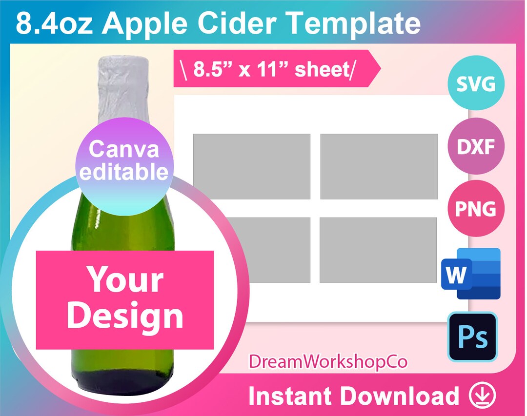 8.4oz Apple Cider Bottle Label Template Mini Wine Bottle Etsy