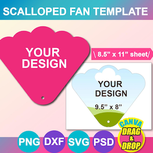 May include: A pink scalloped fan template with the text "YOUR DESIGN". The image also includes a smaller fan template with the text "YOUR DESIGN" and dimensions of 9.5" x 8". The text "8.5" x 11" sheet" is also present.