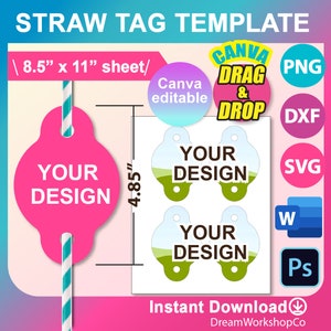 Straw Tag Template, Straw Tag SVG, Blank Template, Svg, DXF, Canva, Ms word Docx, Png, PSD, 8.5"x11" sheet, Printable