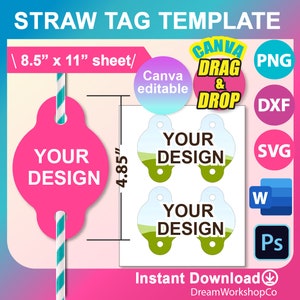 Straw Tag Template, Straw Tag SVG, Blank Template, Svg, DXF, Canva, Ms word Docx, Png, PSD, 8.5&quot;x11&quot; sheet, Printable