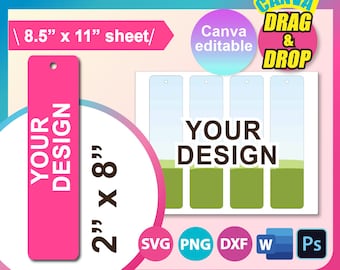 2x8 Bookmark Template, Bookmark Template SVG, DXF, Canav, Ms Word Docx, Png, PSD, 8.5&quot;x11&quot; sheet, Printable