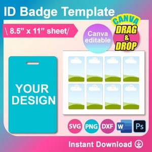 ID Badge Template, Id Badge Blank Template, Canva, SVG, DXF, Ms Word Docx, Png, Psd, 8.5"x11" sheet, Printable