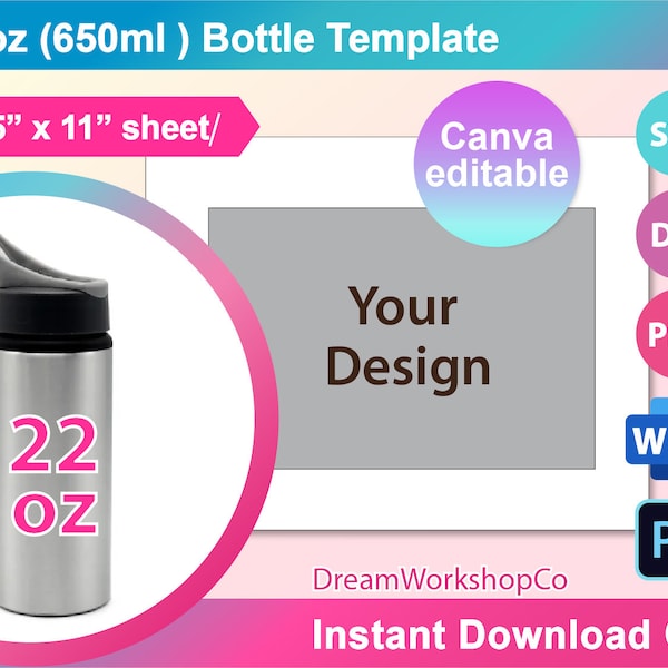 650 ml Wasserflasche mit Henkel, Vorlage, Sublimationsvorlage, Canva, MS Word, PSD, PNG, SVG, Dxf, 8,5 "x 11", printable