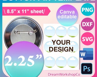 2.25inch Button Pin Template, 2.25inch Pin Button Template, Canva, SVG, DXF, Ms Word docx, Png, Psd, 8.5"x11"