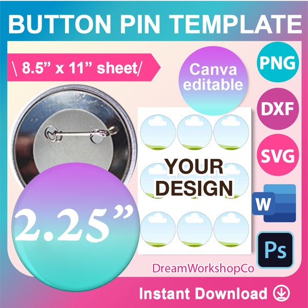 2.25inch Button Pin Template, 2.25inch Pin Button Template, Canva, SVG, DXF, Ms Word docx, Png, Psd, 8.5"x11"