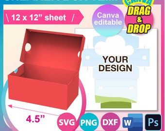 Shoes Box Template, Mini Sneaker Box template, Valentine&#39;s Gift Box S, Box with Lid template Ms word, PSD, PNG, SVG, Dxf, 12 x 12&quot; sheet