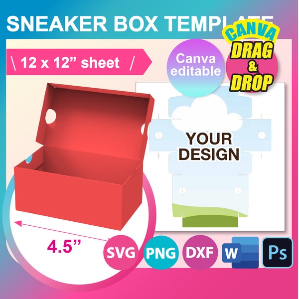Shoes Box Template, Mini Sneaker Box template, Valentine's Gift Box S, Box with Lid template Ms word, PSD, PNG, SVG, Dxf, 12 x 12" sheet