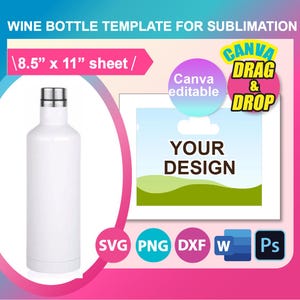 Puede incluir: Una plantilla de botella de vino blanco para sublimación, que mide 8,5 pulgadas por 11 pulgadas. La plantilla está diseñada para usar con Canva e incluye una función de arrastrar y soltar para agregar tu propio diseño. La plantilla está disponible en los formatos SVG, PNG, DXF y Photoshop.