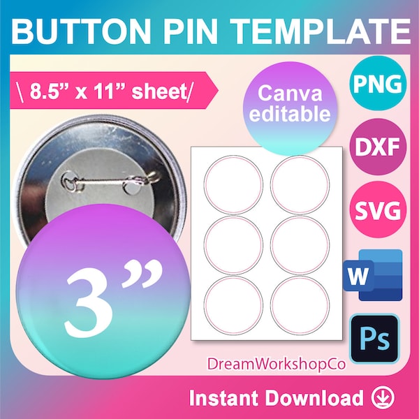 3inch Button Pin Template, 3inch Pin Button Template, Canva, SVG, DXF, Ms Word docx, Png, Psd, 8.5"x11"