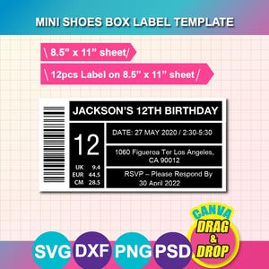 May include: A mini shoes box label template featuring a black and white rectangular label with a barcode, the text JACKSON'S 12TH BIRTHDAY, date, address, and RSVP details. The graphic includes 8.5" x 11" sheet text and file format icons.