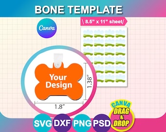 Bone Keychain Template, Bone tag template, bone tag SVG, Sublimation, Pet id tag, SVG, DXF, Ms Word Docx, Png, Psd, 8.5"x11" sheet