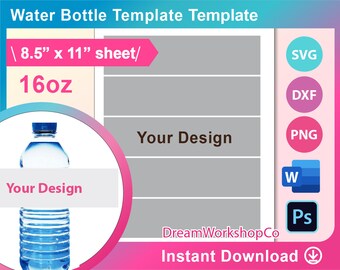 Water bottle Labels template, Blank water bottle label template, water bottle label Canva, SVG, DXF, Docx, Png, PSD, 8.5
