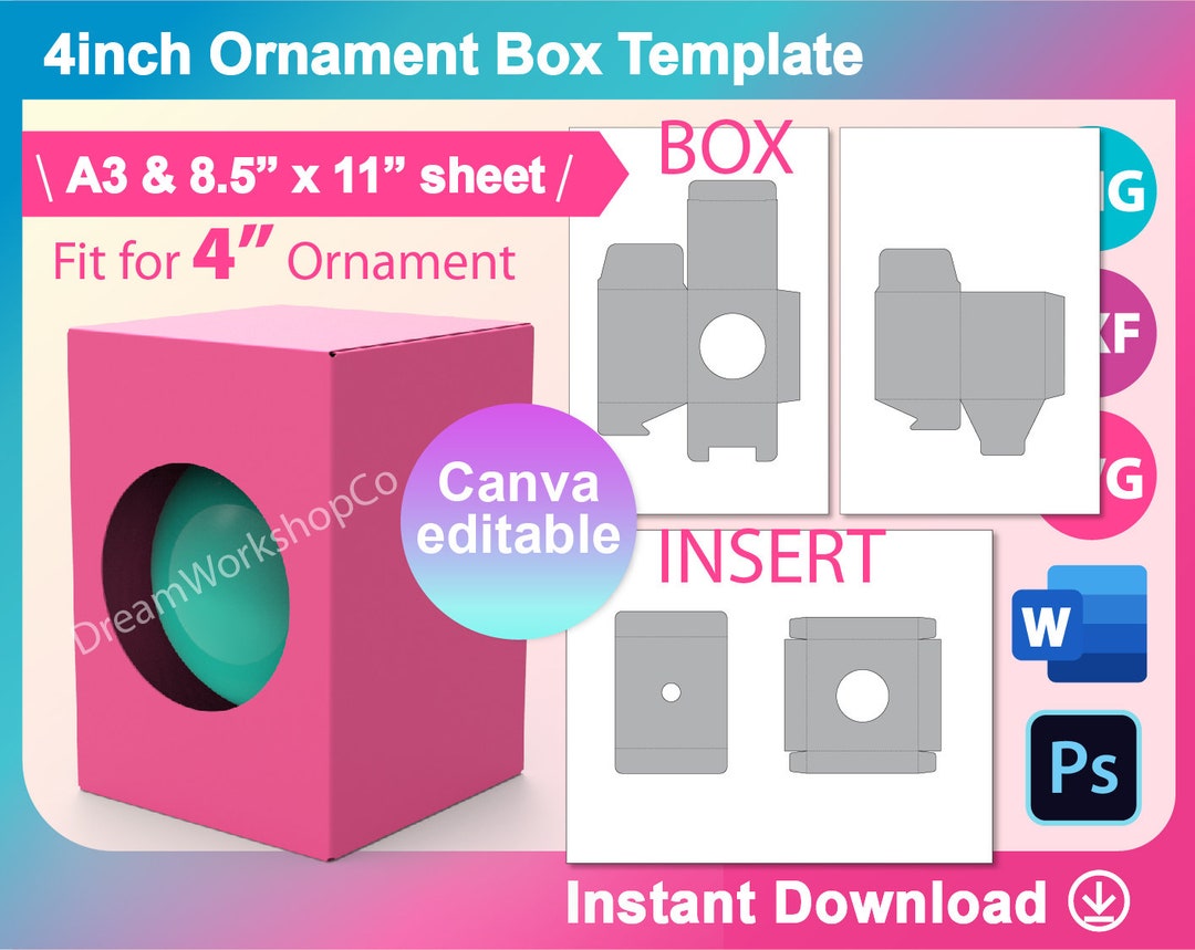 4" Round Ornament Box Template, Ornament Gift Box Template, SVG, Ornament Box, Canva, DXF, Ms ...