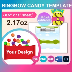 2.17oz Rainbow Candy Template, treat bag template, candy treat bag template SVG, Canva, DXF, Ms Word Docx, Png, Psd, 8.5&quot;x11&quot; sheet